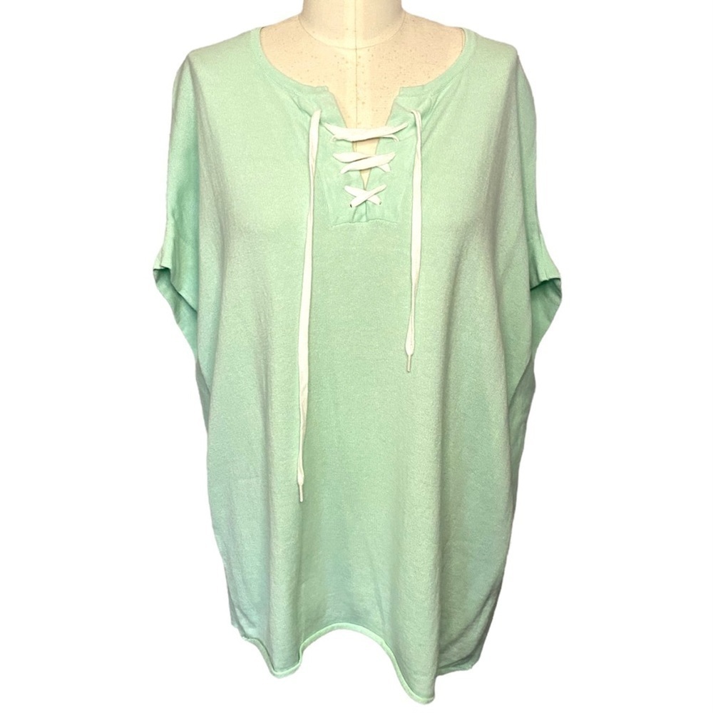 Zoe Couture Collection Mint Green Knit Tunic Lace Up Neck Short Sleeve M L
